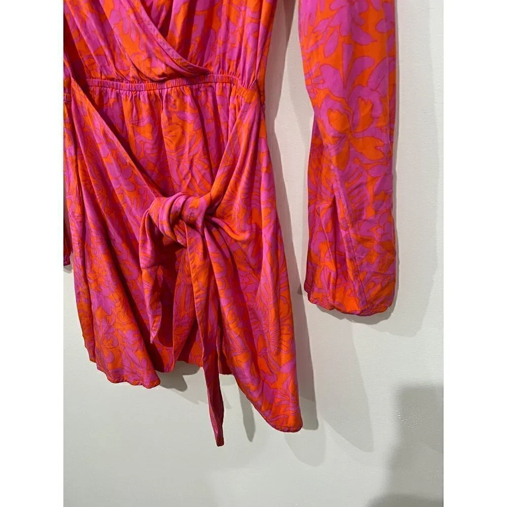New L Space Size SM Kristy Long Sleeve Faux-Wrap Cover-Up Dress Path To Paradise